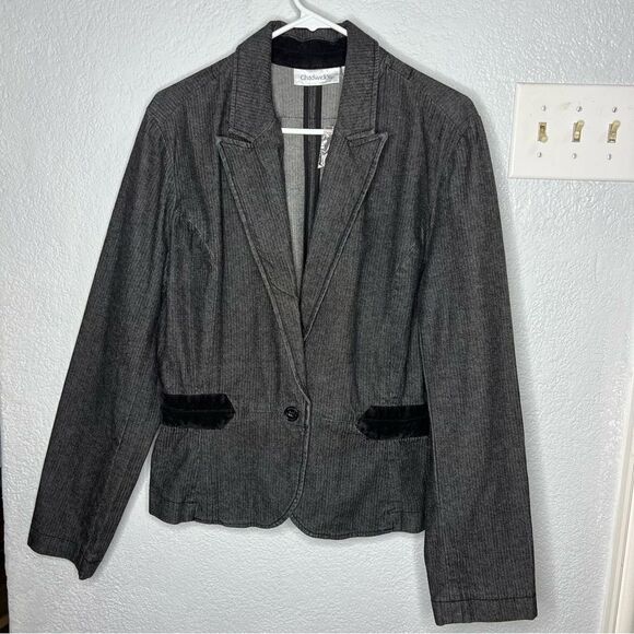 New! Chadwick’s Gray Denim Button Velvet Waistband Peplum Women Blazer Sz 16 - Picture 2 of 10